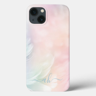 Elegant Girly Monogrammed Pastel Rainbow Feather iPhone 13 Case