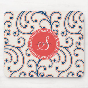 Elegant girly orange blue floral pattern monogram mouse pad