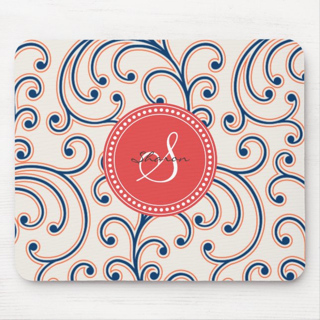 Elegant girly orange blue floral pattern monogram mouse pad (Front)