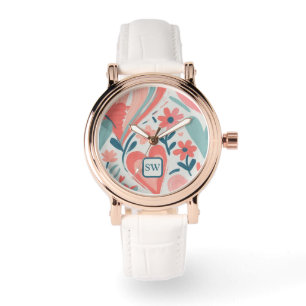 Elegant girly orange, cream, teal floral hearts watch