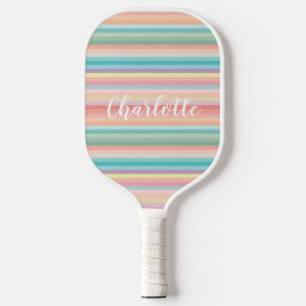 Elegant Girly Pastel Rainbow Stripes Personalised Pickleball Paddle