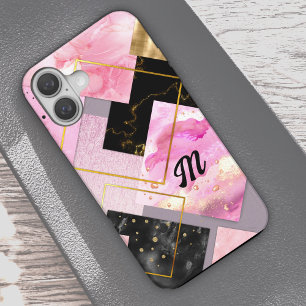 Elegant girly pink black faux Glitter geometric Ca iPhone 16 Case