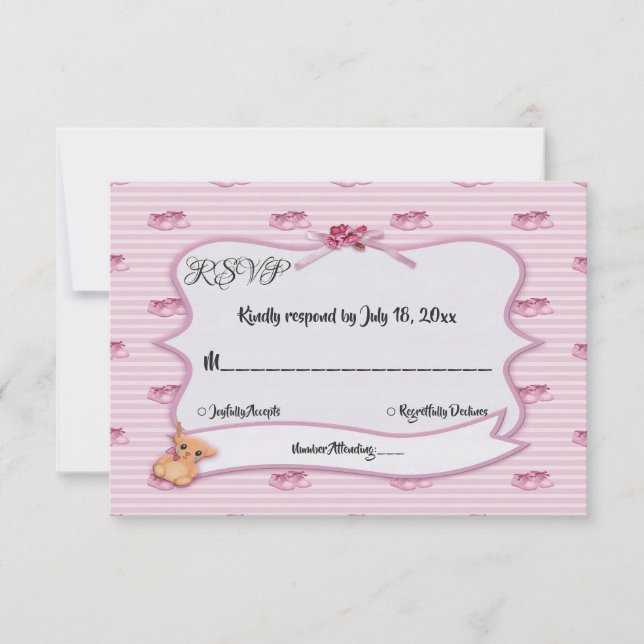 Elegant Girly Pink Bow Stripes Chic Modern Wedding RSVP Card (Front)