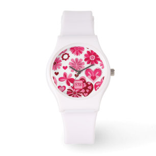 Elegant girly pink, floral hearts, motif monogram watch