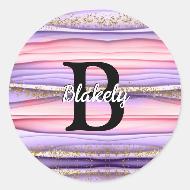 Elegant Girly Pink Glitter Monogram Classic Round Sticker (Front)