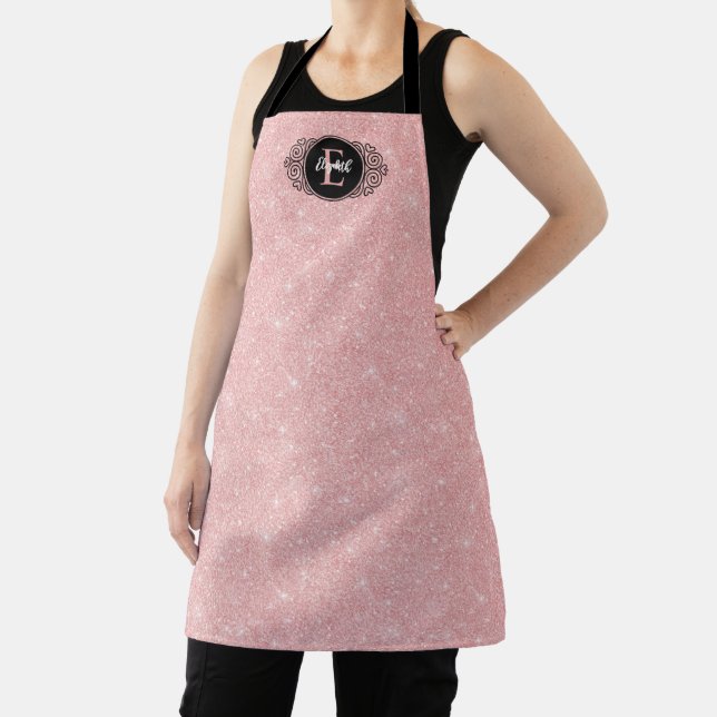 Elegant Girly Pink Glitter Monogram Name Apron (Insitu)