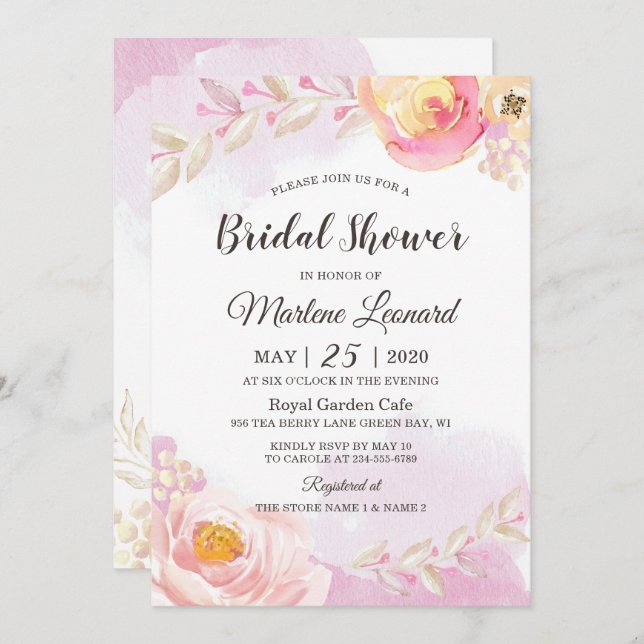 Elegant Girly Pink Gold Rose Garden Bridal Shower Invitation (Front/Back)