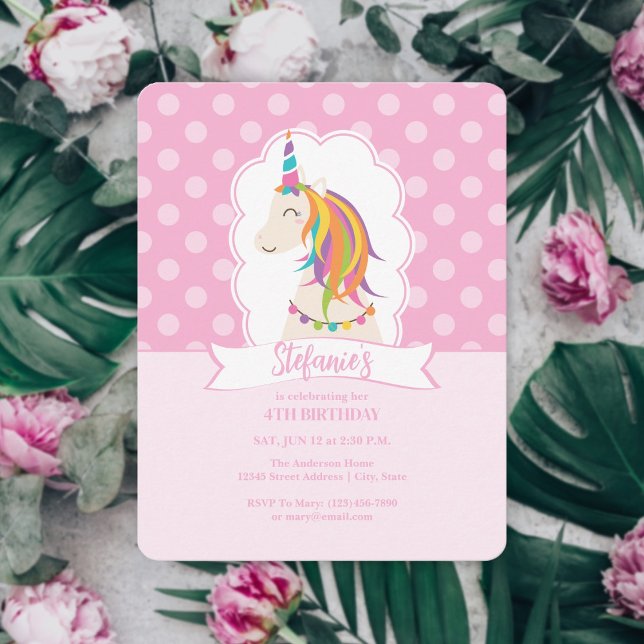 Elegant Girly Pink Rainbow Unicorn Girl Birthday Invitation (Creator Uploaded)