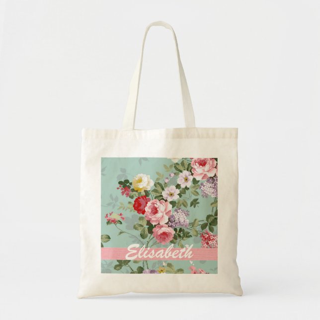 Elegant Girly Pink Red Roses Monogram Tote Bag (Front)