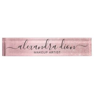 Elegant girly pink rose gold glitter makeup artist nameplate
