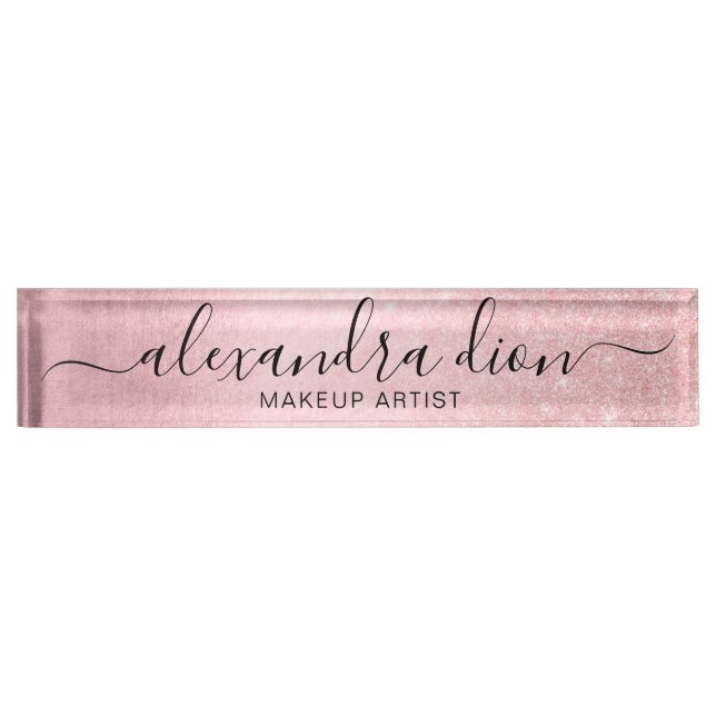 Elegant girly pink rose gold glitter makeup artist nameplate (Front)