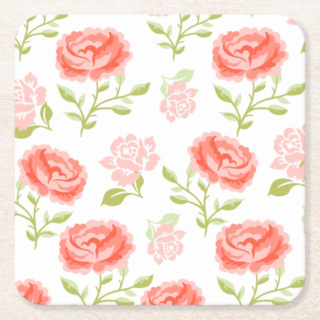 Elegant Girly Pink Roses Square Paper Coaster (Front)