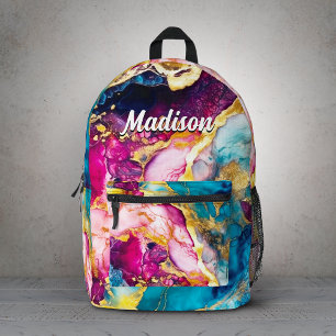 Elegant girly pink turquoise marble art printed backpack