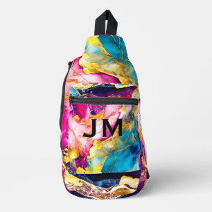 Elegant girly pink turquoise marble art printed sling bag