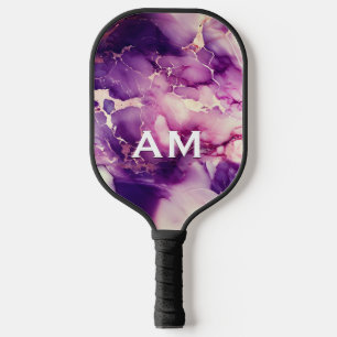Elegant girly purple marble faux glitter monogram pickleball paddle
