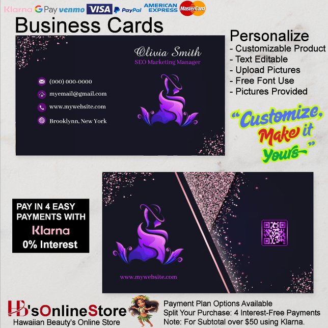 Elegant Girly Purple Navy Glitter QR Code Business Card (Elegant Girly Purple Navy Glitter QR Code Business Card 22.)