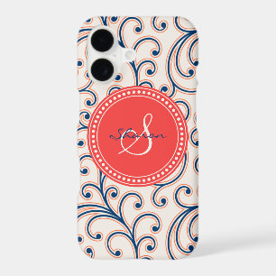Elegant girly red blue floral pattern monogram