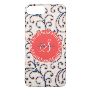 Elegant girly red blue floral pattern monogram iPhone 8 plus/7 plus case