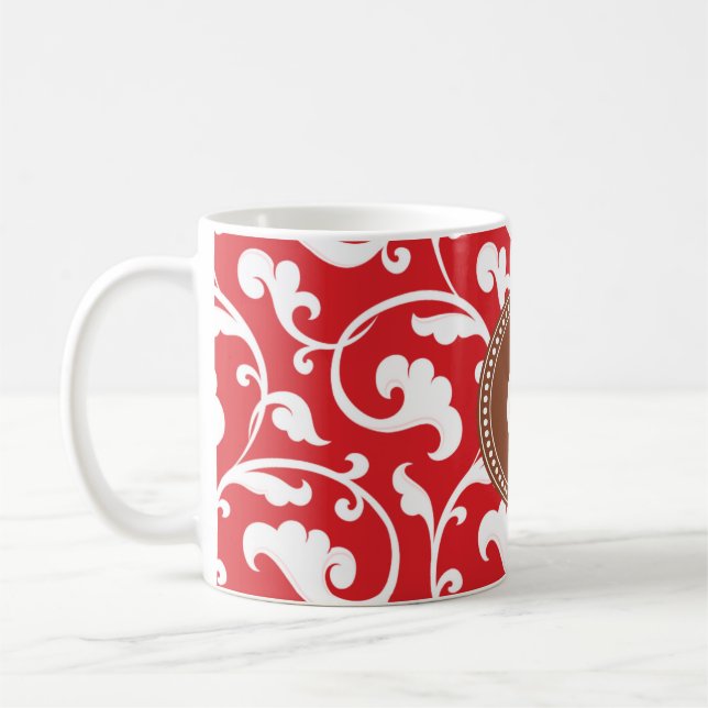 Elegant girly red floral pattern monogram coffee mug (Left)