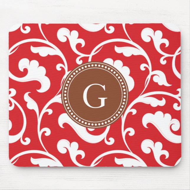 Elegant girly red floral pattern monogram mouse pad (Front)