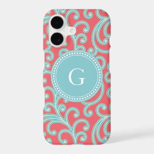 Elegant girly red turquois floral pattern monogram