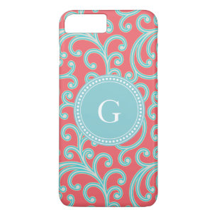 Elegant girly red turquois floral pattern monogram iPhone 8 plus/7 plus case