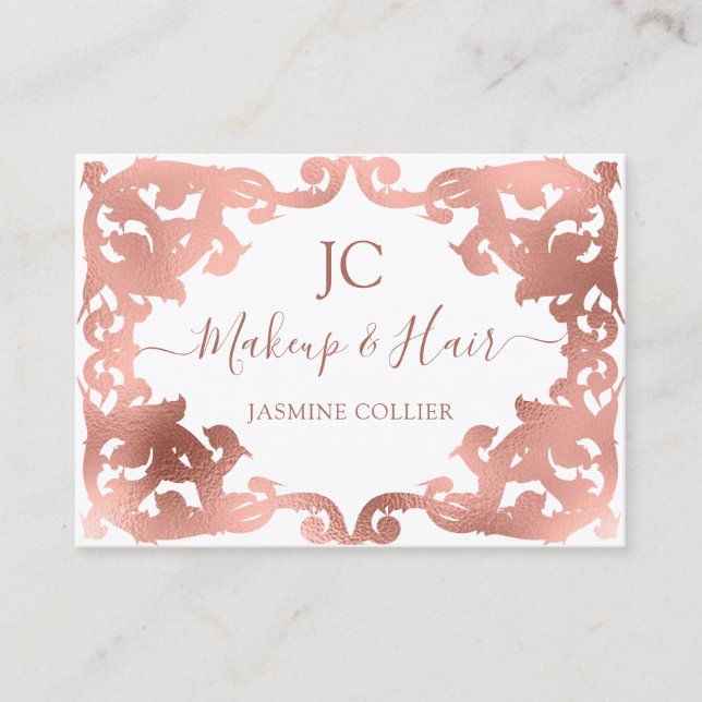 Elegant Girly Rose Gold Damask Styled Frame Business Card (Front)