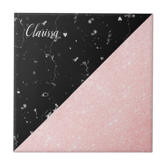 Elegant girly rose gold glitter & black marble ceramic tile (Front)