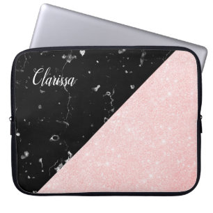 Elegant girly rose gold glitter & black marble laptop sleeve