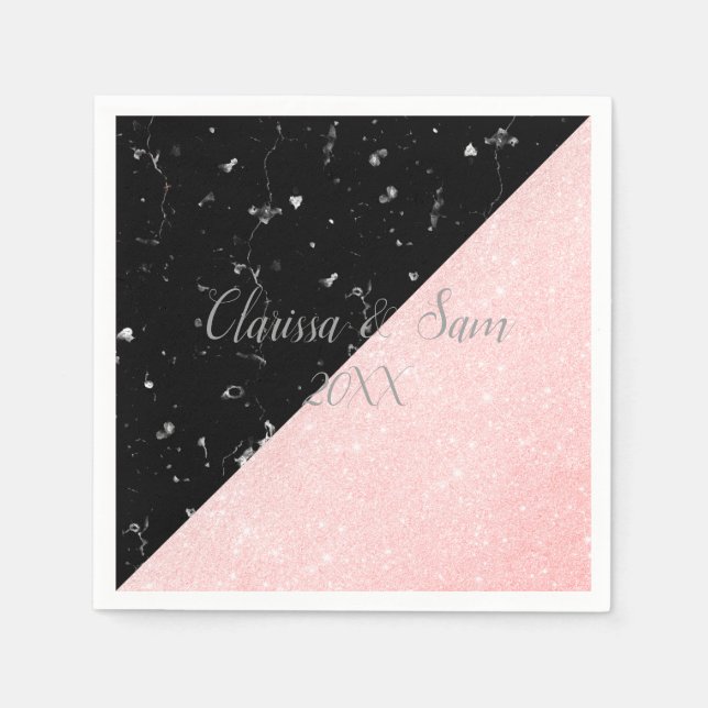 Elegant girly rose gold glitter & black marble napkin (Front)