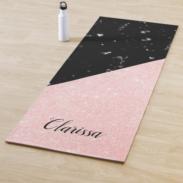 Elegant girly rose gold glitter & black marble yoga mat (In Situ)