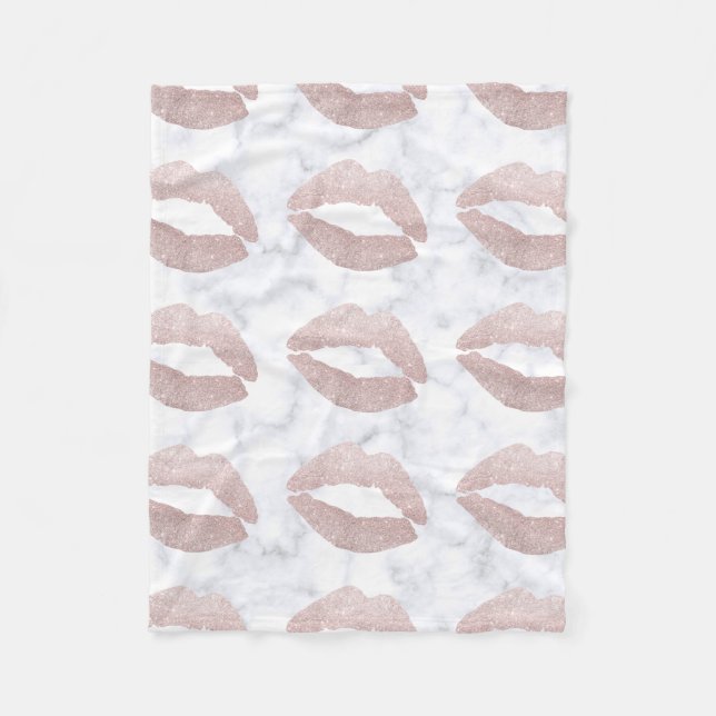 elegant girly rose gold glitter lips white marble fleece blanket (Front)