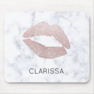 elegant girly rose gold glitter lips white marble mouse pad