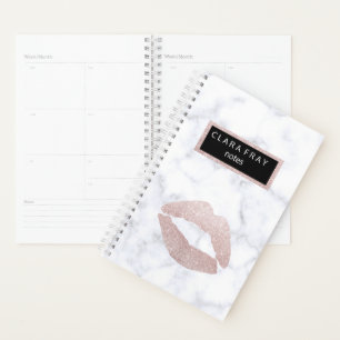 elegant girly rose gold glitter lips white marble planner