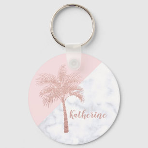Elegant girly rose gold glitter palm white marble key ring