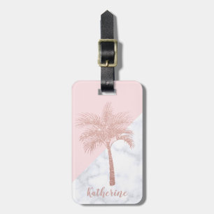 Elegant girly rose gold glitter palm white marble luggage tag