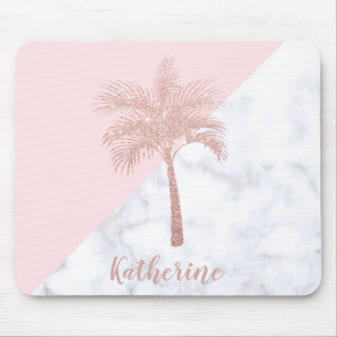 Elegant girly rose gold glitter palm white marble mouse pad