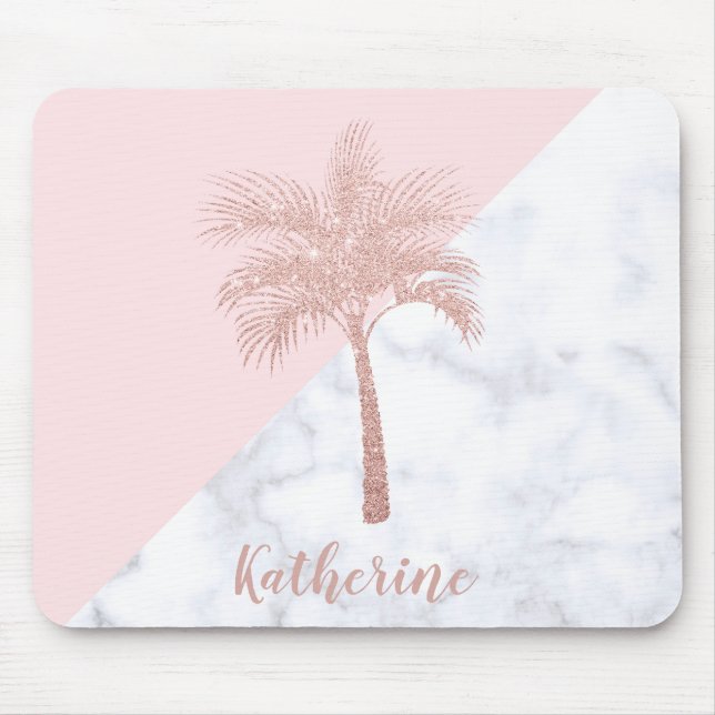 Elegant girly rose gold glitter palm white marble mouse pad (Front)