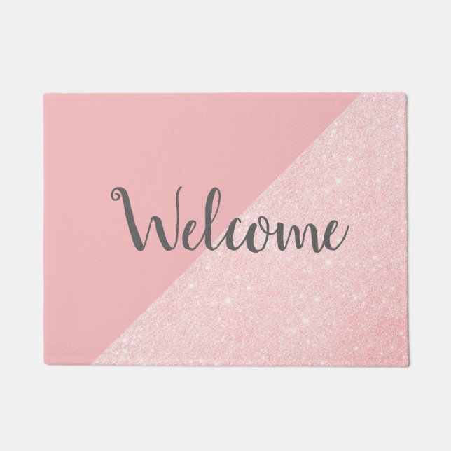 Elegant girly rose gold glitter & pastel pink doormat (Front)