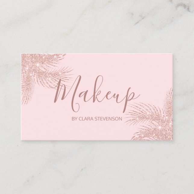 Elegant girly rose gold glitter pink palm makeup business card (Front)