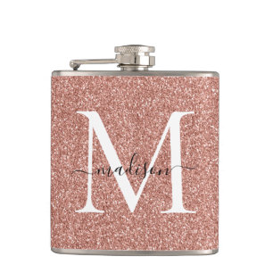 Elegant Girly Rose Gold Glitter Sparkle Monogram Hip Flask