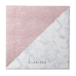 Elegant girly rose gold glitter white marble ceramic tile<br><div class="desc">Stylish and elegant geometric faux rose gold glitter and white marble colour block.</div>