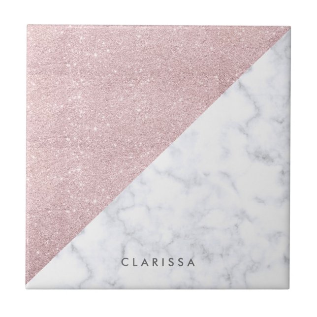 Elegant girly rose gold glitter white marble ceramic tile (Front)