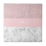 Elegant girly rose gold glitter & white marble ceramic tile<br><div class="desc">Stylish and elegant geometric faux rose gold glitter,  white marble and pink colour block.</div>