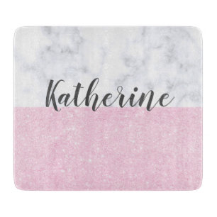 Elegant girly rose gold glitter white marble cutting board