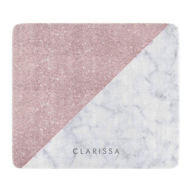 Elegant girly rose gold glitter white marble cutting board (Front)
