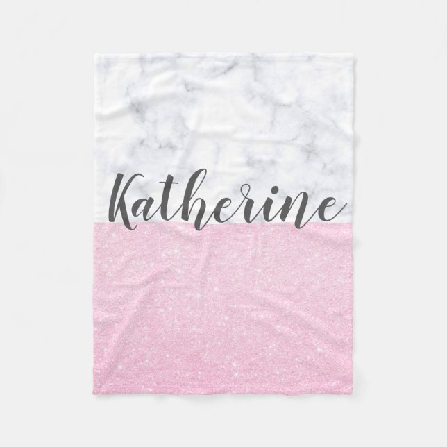 Elegant girly rose gold glitter white marble fleece blanket (Front)