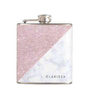 elegant girly rose gold glitter white marble hip flask