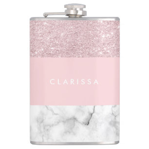 Elegant girly rose gold glitter & white marble hip flask