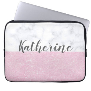 Elegant girly rose gold glitter white marble laptop sleeve